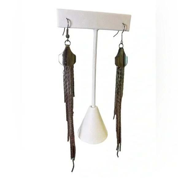 5” Stands Silver Long Dangle Drop Tassel Earrings - Sleek Chain Wedding Jewelry - Picture 6 of 7